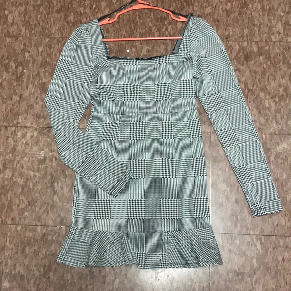 Checkered Plaid Long Sleeve Dress Black and White